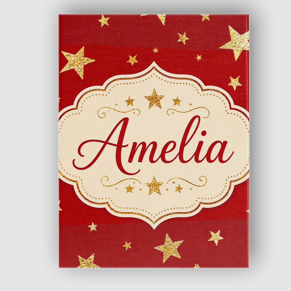 Personalised Name Gold Glitter Stars on Red Custom  Bespoke Interior Contemporary Canvas Wall Art Print Decor Picture Ready to Hang