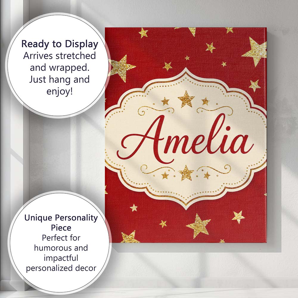 Personalised Name Gold Glitter Stars on Red Custom  Bespoke Interior Contemporary Canvas Wall Art Print Decor Picture Ready to Hang