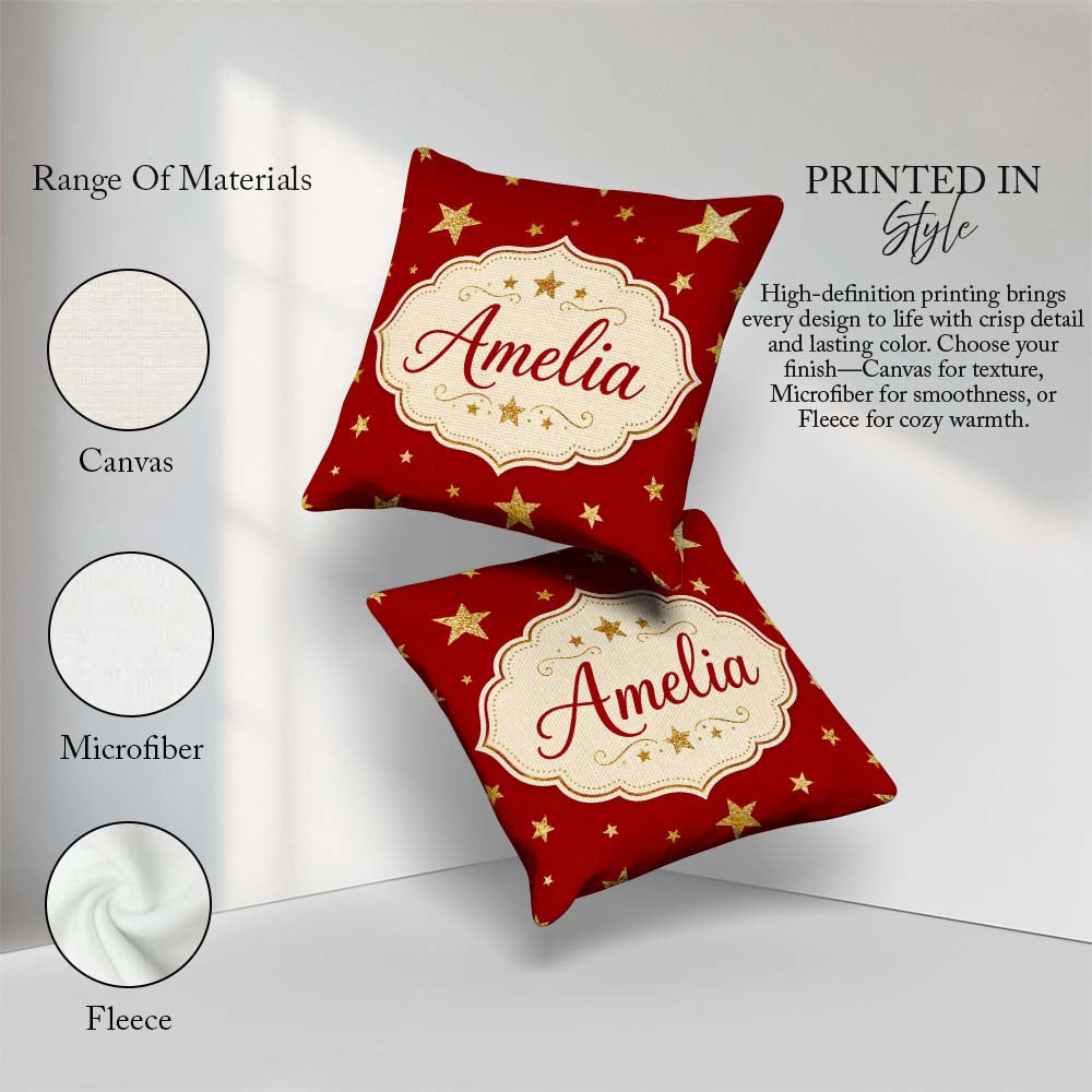 Custom Name Gold Glitter Stars on Red Background Seamless Design Square Filled Cushion Throw Pillow Sofa Bed Home Decor Zip Washable UK Made