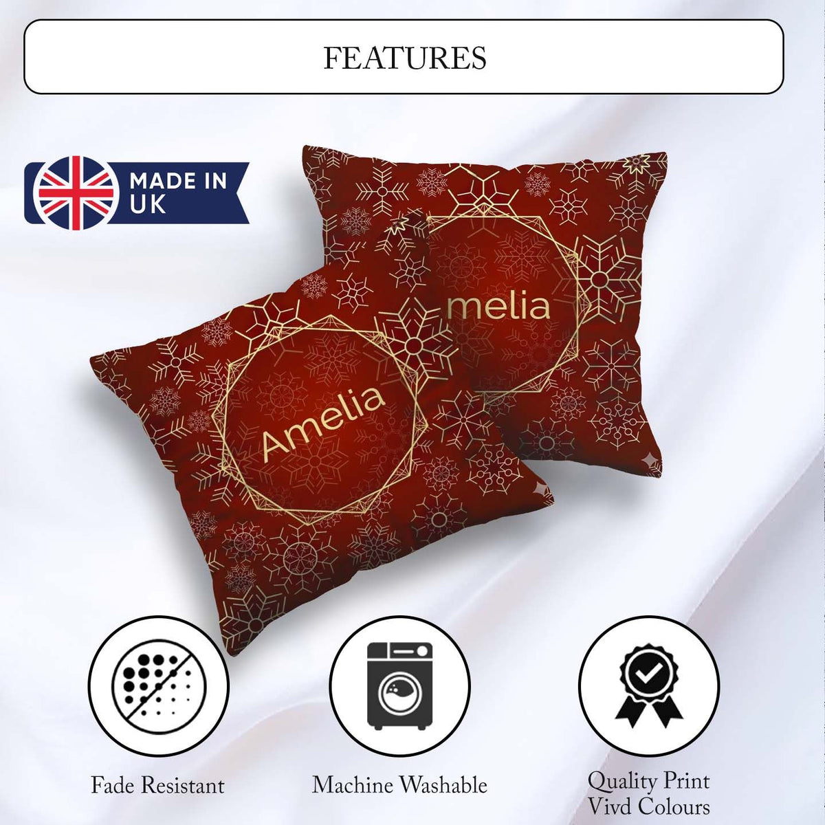 Custom Name Christmas Snowflake Background Pattern Design Winter Square Filled Cushion Throw Pillow Sofa Bed Home Decor Zip Washable UK Made