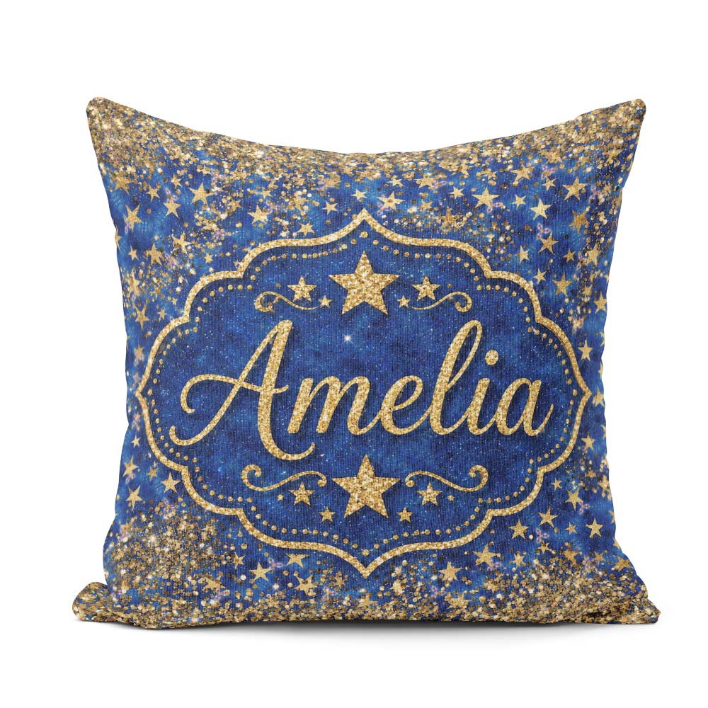 Custom Name Blue Galaxy Gold Star Glitter Pattern Design Sparkle Square Filled Cushion Throw Pillow Sofa Bed Home Decor Zip Washable UK Made