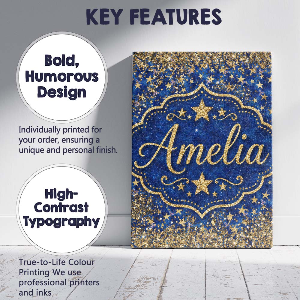 Personalised Name Blue Galaxy Gold Star Custom  Modern Room Accent Elegant Feature Canvas Wall Art Print Decor Picture Ready to Hang