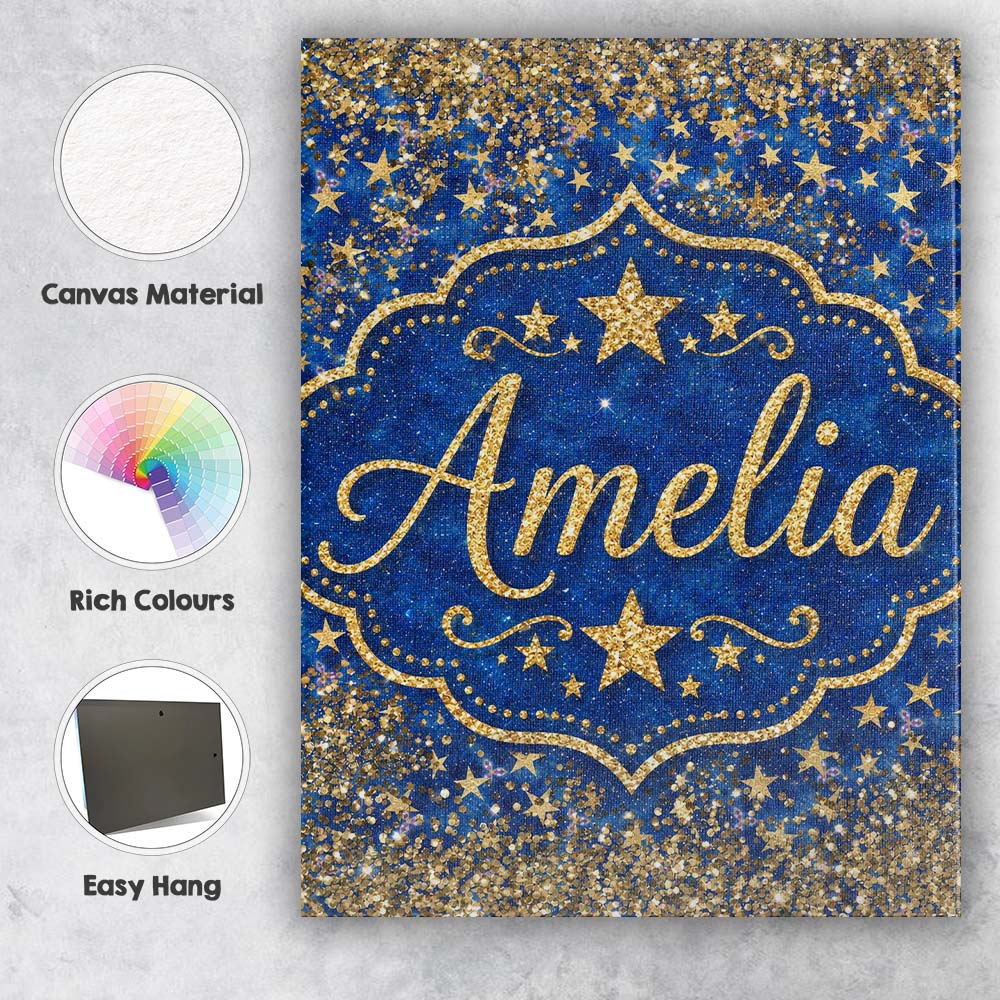 Personalised Name Blue Galaxy Gold Star Custom  Modern Room Accent Elegant Feature Canvas Wall Art Print Decor Picture Ready to Hang