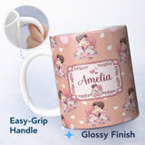 Personalized Custom Name Romantic Couple Kissing Floral Bouquet Hearts Seamless Pattern Peach 11oz Ceramic Coffee Tea Mug White Large Handle
