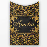 Black Gold Baroque Floral Seamless Pattern Luxury Vintage Ornamental  Personalised Custom Name Super Soft Fleece Blanket Bed Sofa Throw