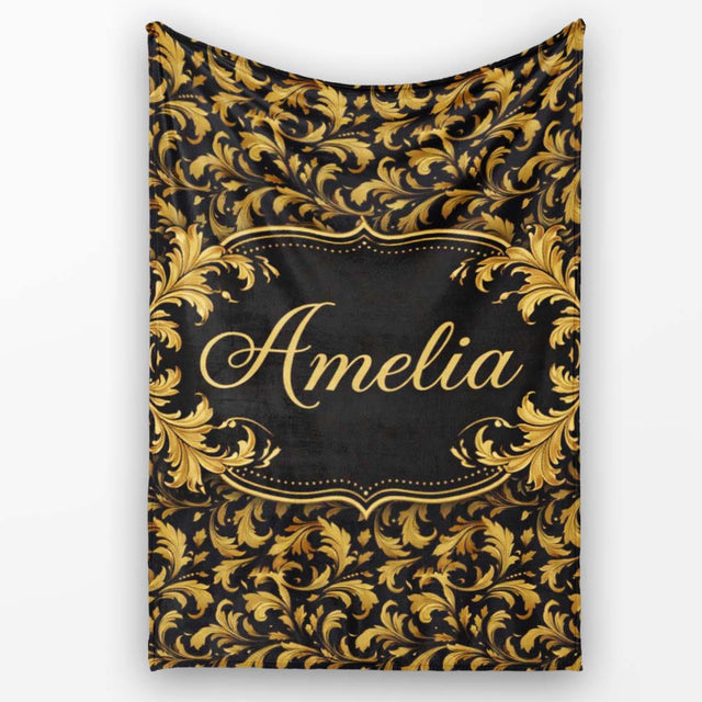 Black Gold Baroque Floral Seamless Pattern Luxury Vintage Ornamental  Personalised Custom Name Super Soft Fleece Blanket Bed Sofa Throw