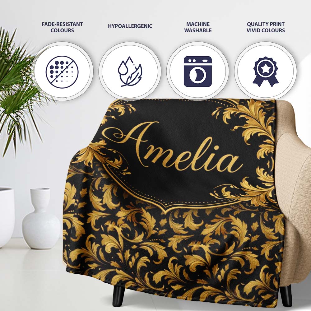 Black Gold Baroque Floral Seamless Pattern Luxury Vintage Ornamental  Personalised Custom Name Super Soft Fleece Blanket Bed Sofa Throw