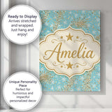 Personalised Name Light Blue Snowflake Gold Custom  Bespoke Interior Contemporary Canvas Wall Art Print Decor Picture Ready to Hang
