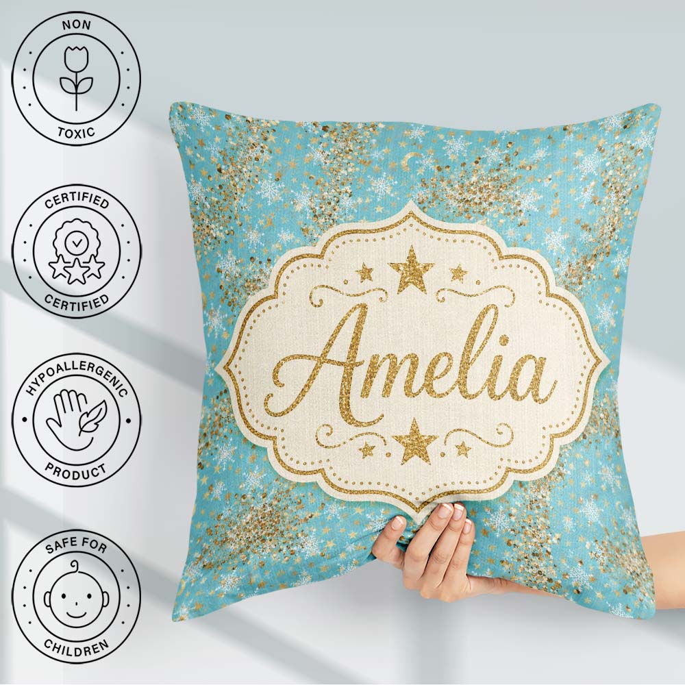 Custom Name Light Blue Gold Star Glitter Seamless Pattern Design Square Filled Cushion Throw Pillow Sofa Bed Home Decor Zip Washable UK Made