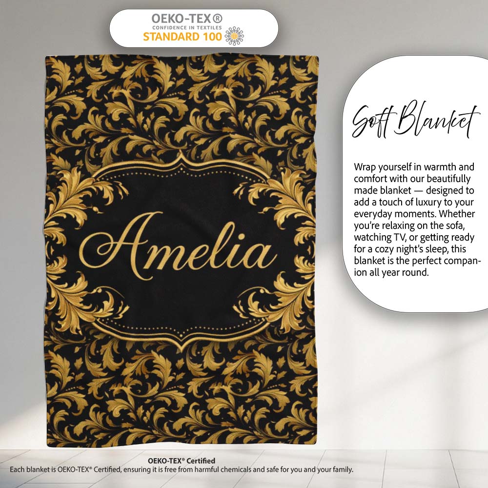 Black Gold Baroque Floral Seamless Pattern Luxury Vintage Ornamental  Personalised Custom Name Super Soft Fleece Blanket Bed Sofa Throw