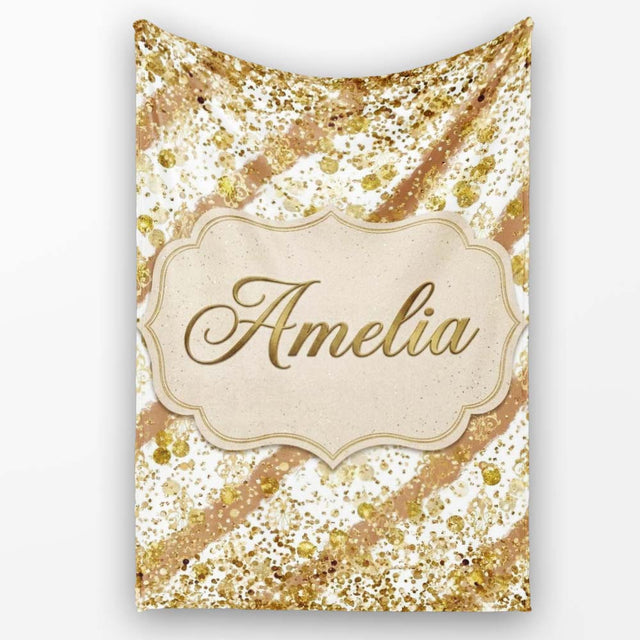 Gold Glitter Damask Stripe Elegant Seamless Pattern Design Luxury  Personalised Custom Name Super Soft Fleece Blanket Bed Sofa Throw