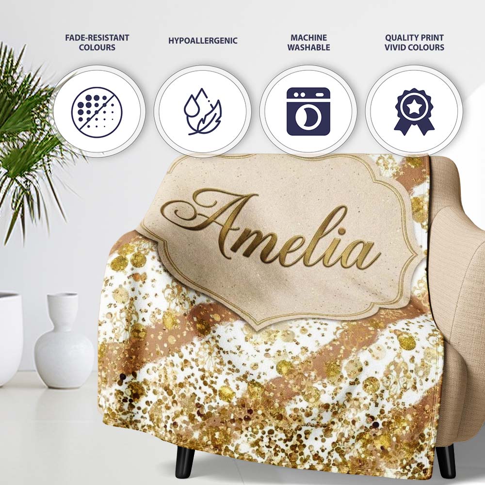 Gold Glitter Damask Stripe Elegant Seamless Pattern Design Luxury  Personalised Custom Name Super Soft Fleece Blanket Bed Sofa Throw