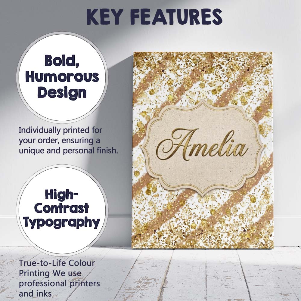 Personalised Name Gold Glitter Damask Custom Modern Room Accent Creative Decorator Style Canvas Wall Art Print Decor Picture Ready to Hang