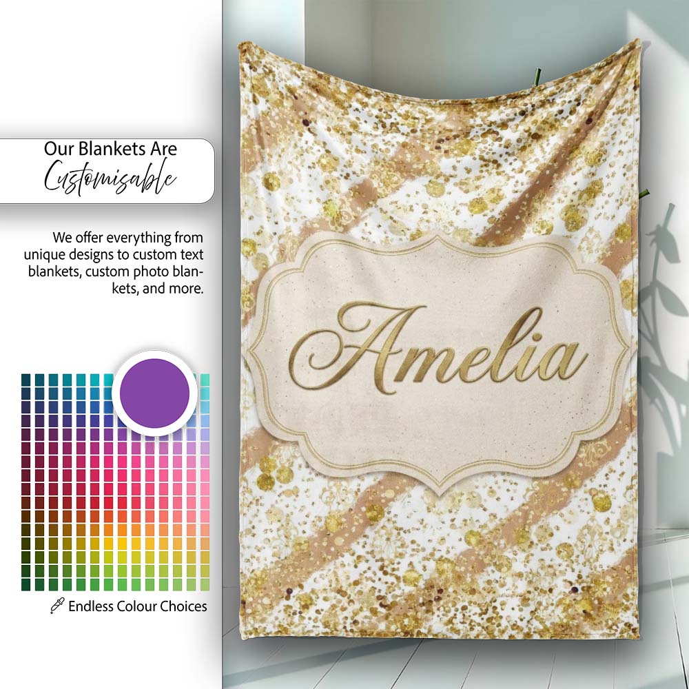 Gold Glitter Damask Stripe Elegant Seamless Pattern Design Luxury  Personalised Custom Name Super Soft Fleece Blanket Bed Sofa Throw