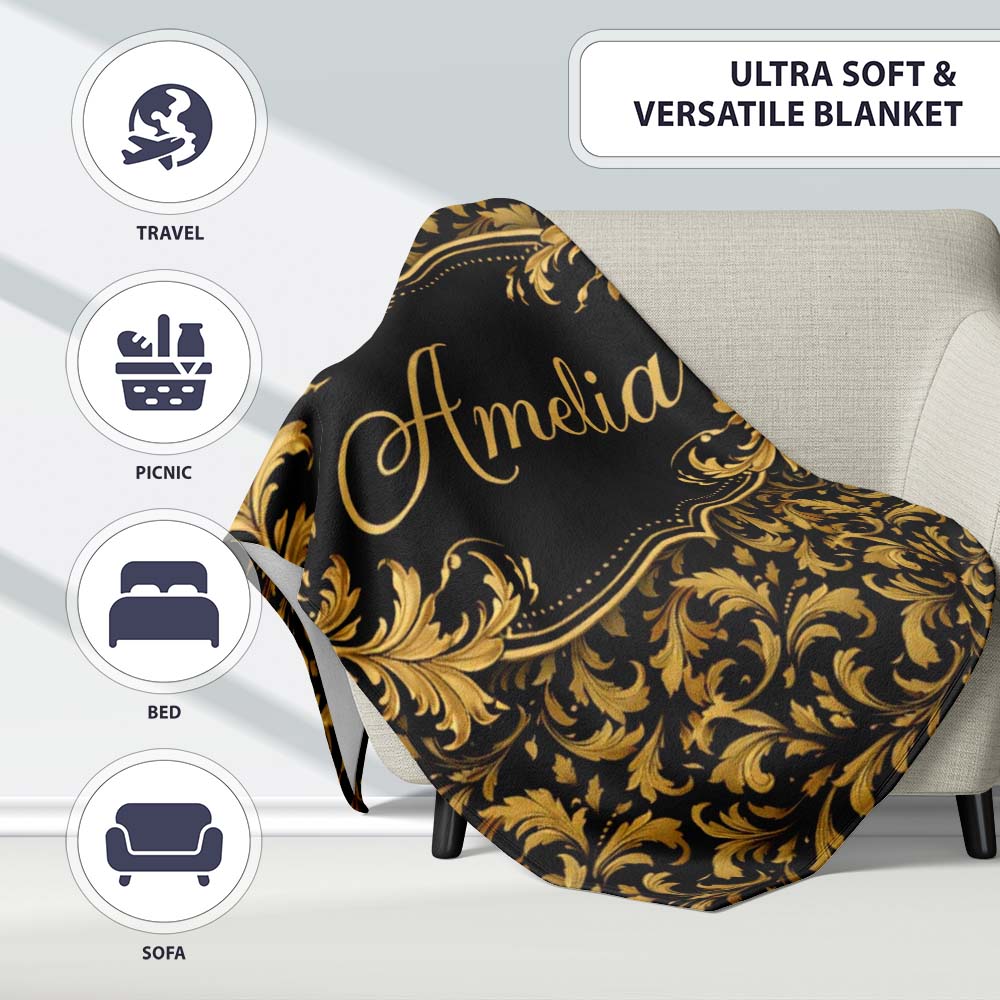 Black Gold Baroque Floral Seamless Pattern Luxury Vintage Ornamental  Personalised Custom Name Super Soft Fleece Blanket Bed Sofa Throw