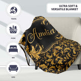 Black Gold Baroque Floral Seamless Pattern Luxury Vintage Ornamental  Personalised Custom Name Super Soft Fleece Blanket Bed Sofa Throw