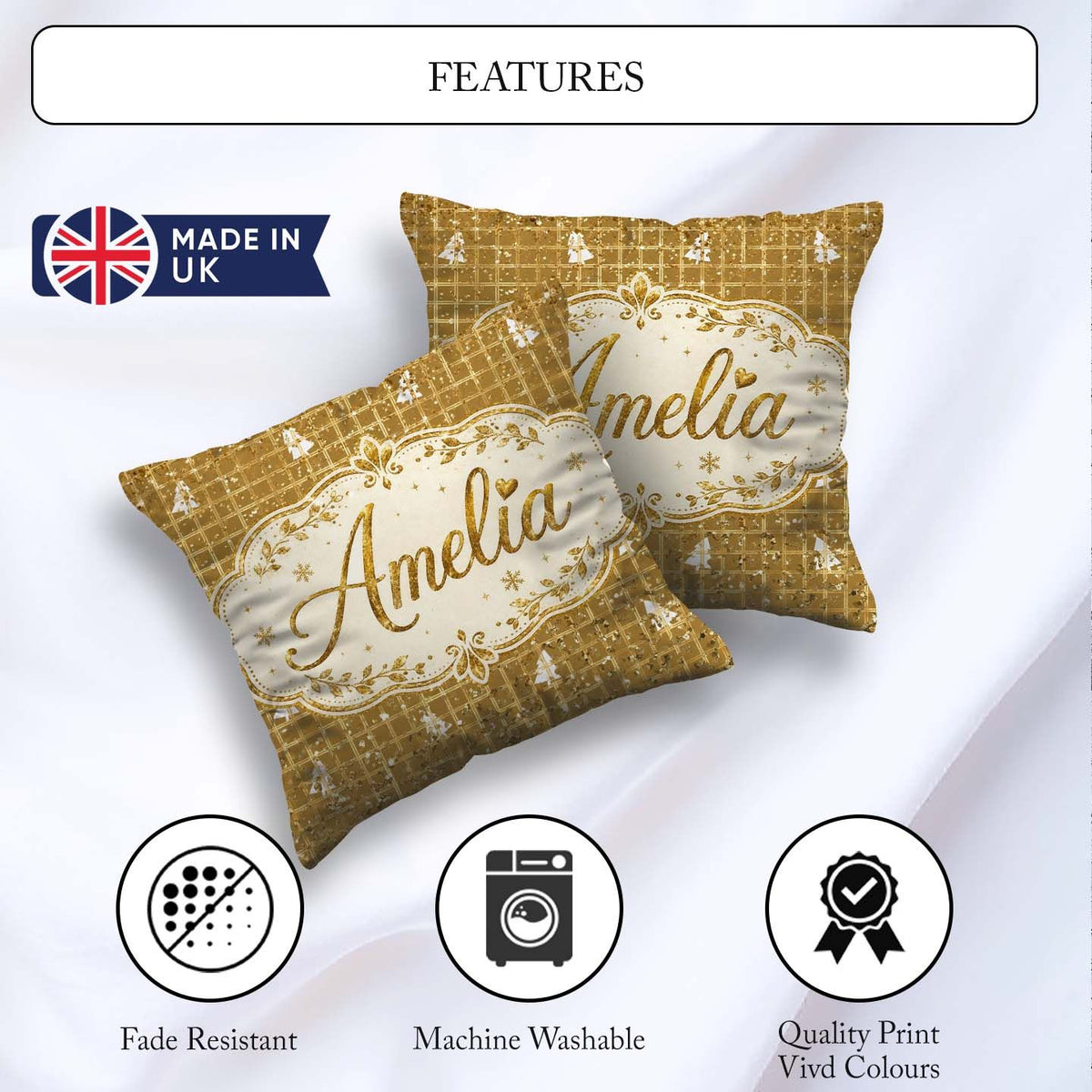 Custom Name Gold Grid Christmas Glitter Seamless Pattern Festive Square Filled Cushion Throw Pillow Sofa Bed Home Decor Zip Washable UK Made