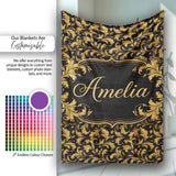 Black Gold Baroque Floral Seamless Pattern Luxury Vintage Ornamental  Personalised Custom Name Super Soft Fleece Blanket Bed Sofa Throw