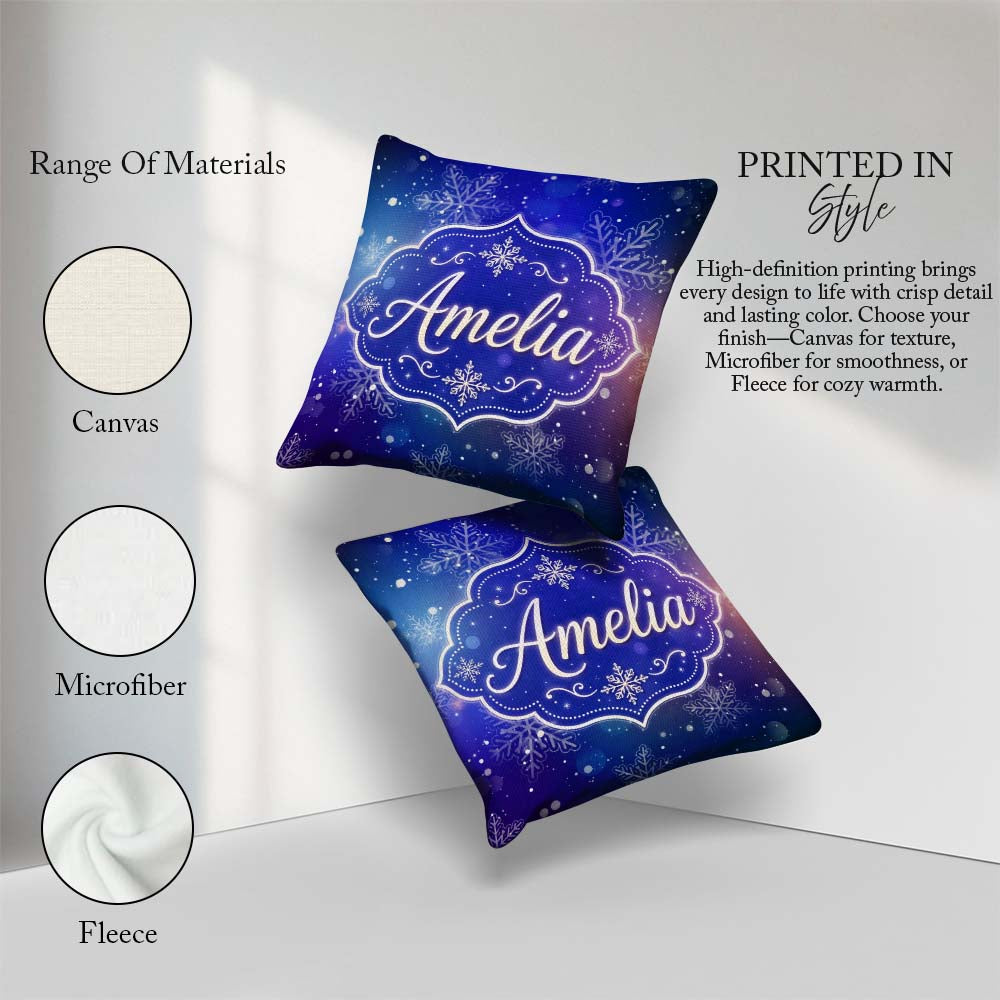 Custom Name Snowflake Bokeh Winter Seamless Pattern Design Soft Square Filled Cushion Throw Pillow Sofa Bed Home Decor Zip Washable UK Made