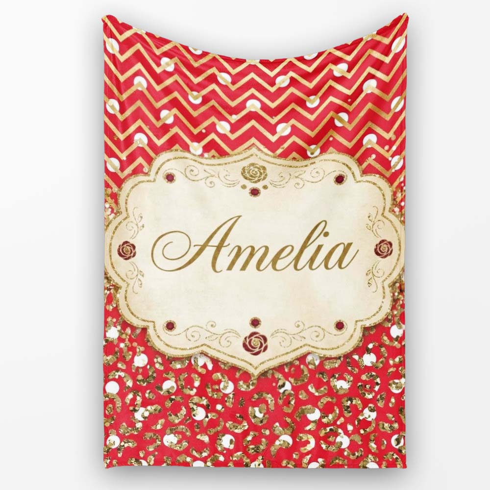 Red Gold Chevron Glitter Leopard Seamless Pattern Design Bold Lovely  Personalised Custom Name Super Soft Fleece Blanket Bed Sofa Throw