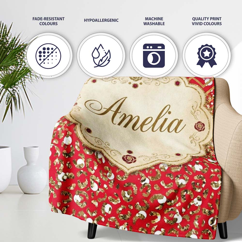 Red Gold Chevron Glitter Leopard Seamless Pattern Design Bold Lovely  Personalised Custom Name Super Soft Fleece Blanket Bed Sofa Throw