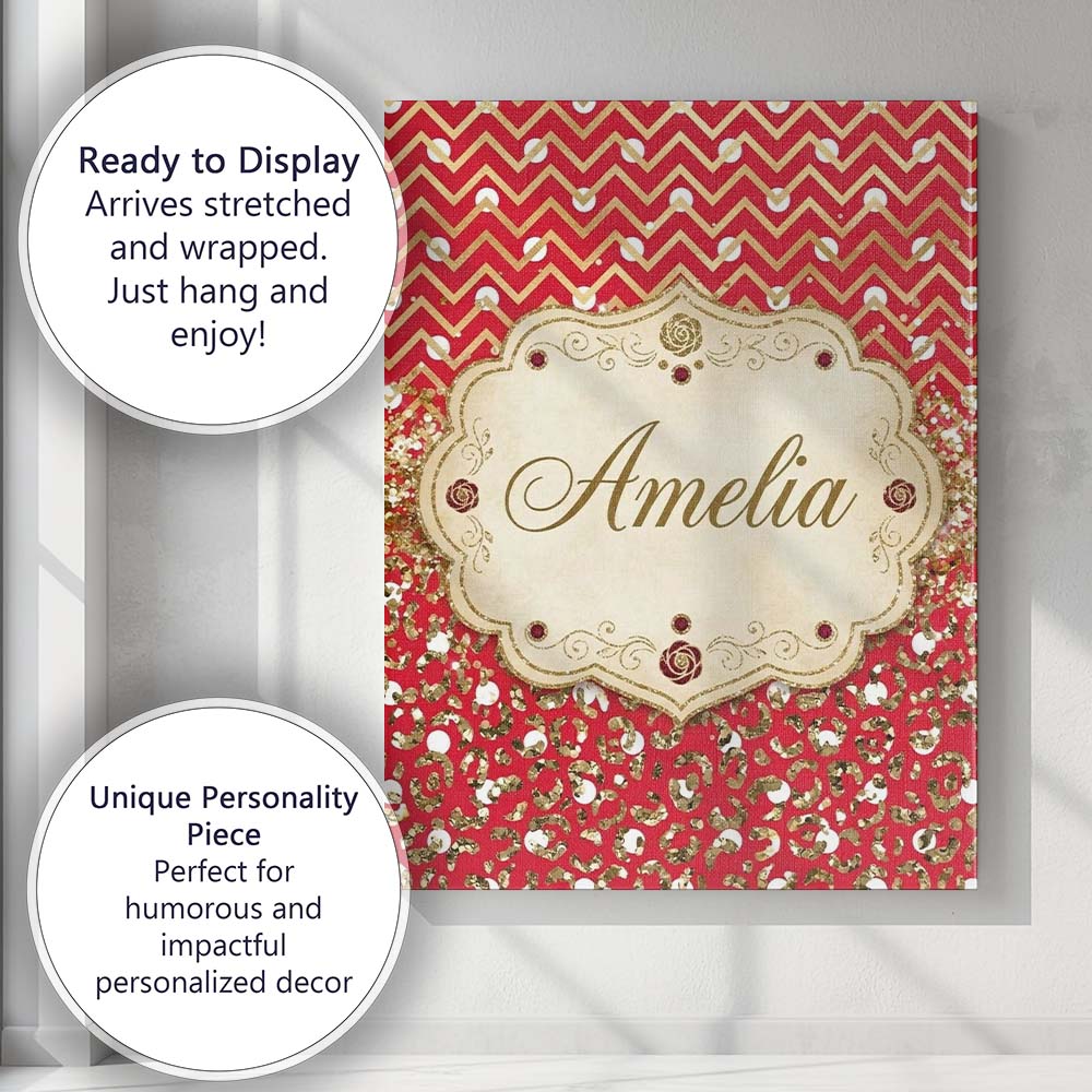 Personalised Name Red Gold Chevron Glitter Custom  Unique Gift Idea Elegant Feature Canvas Wall Art Print Decor Picture Ready to Hang