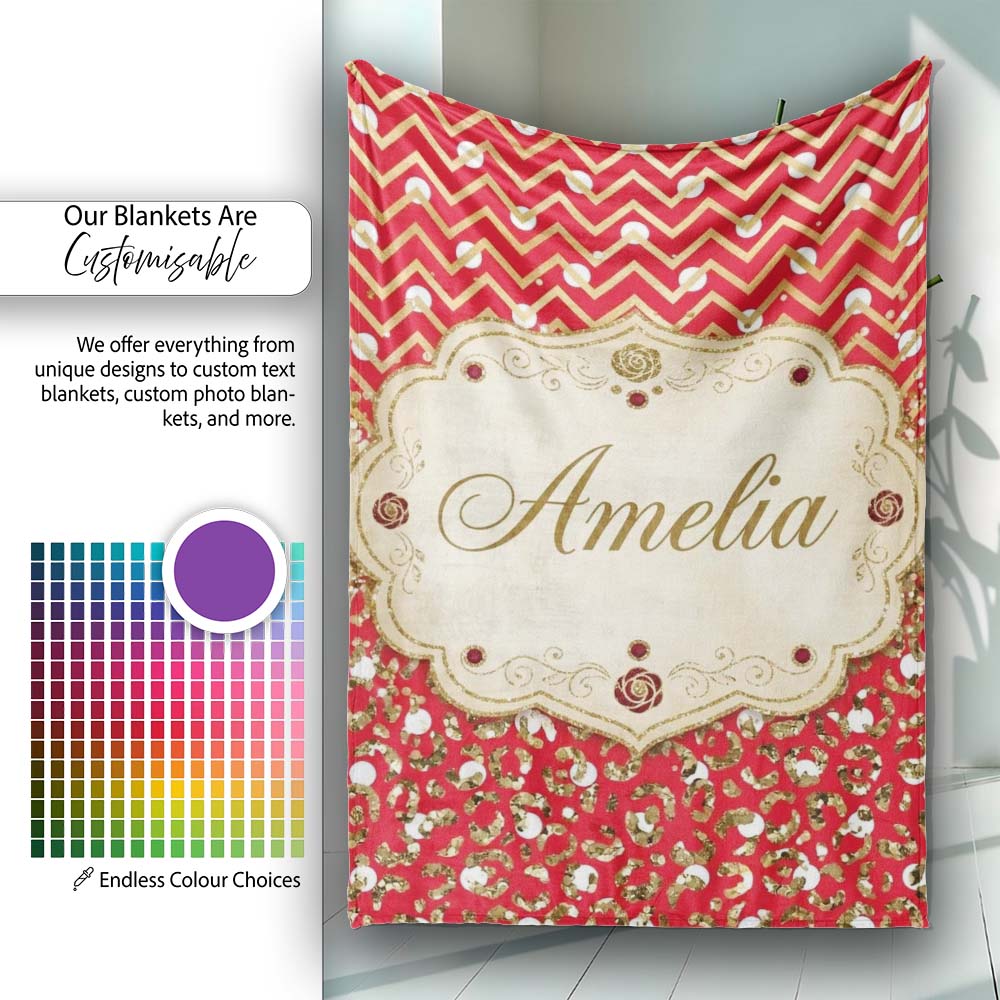 Red Gold Chevron Glitter Leopard Seamless Pattern Design Bold Lovely  Personalised Custom Name Super Soft Fleece Blanket Bed Sofa Throw