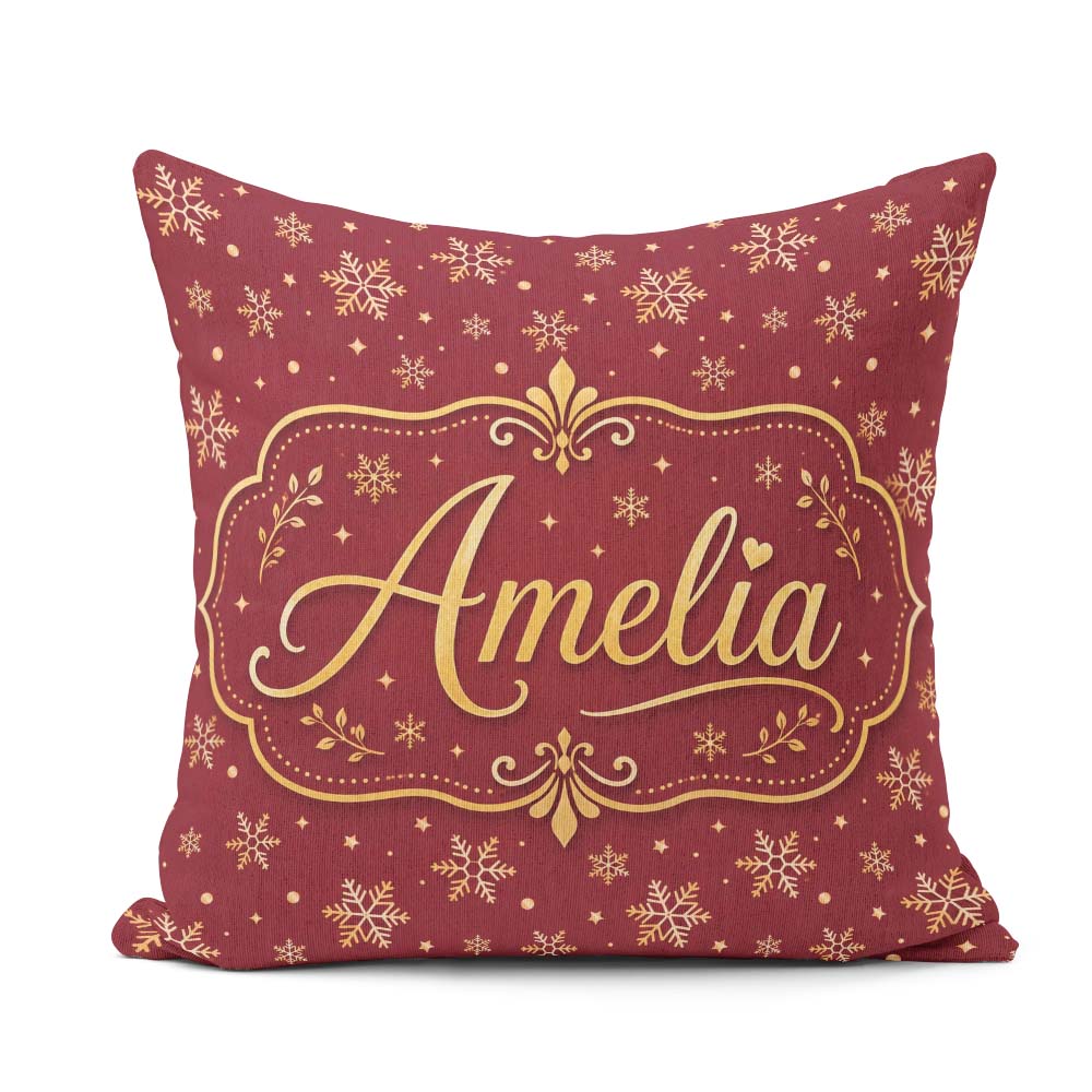 Custom Name Red Gold Snowflake Seamless Pattern Design Christmas Square Filled Cushion Throw Pillow Sofa Bed Home Decor Zip Washable UK Made