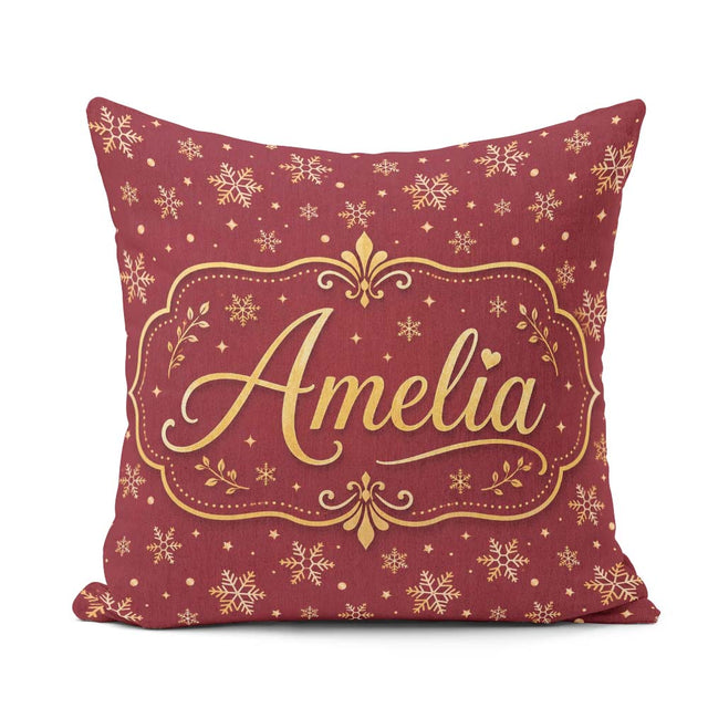 Custom Name Red Gold Snowflake Seamless Pattern Design Christmas Square Filled Cushion Throw Pillow Sofa Bed Home Decor Zip Washable UK Made