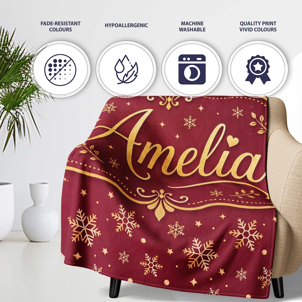 Red Gold Snowflake Star Seamless Pattern Design Classic Christmas  Personalised Custom Name Super Soft Fleece Blanket Bed Sofa Throw
