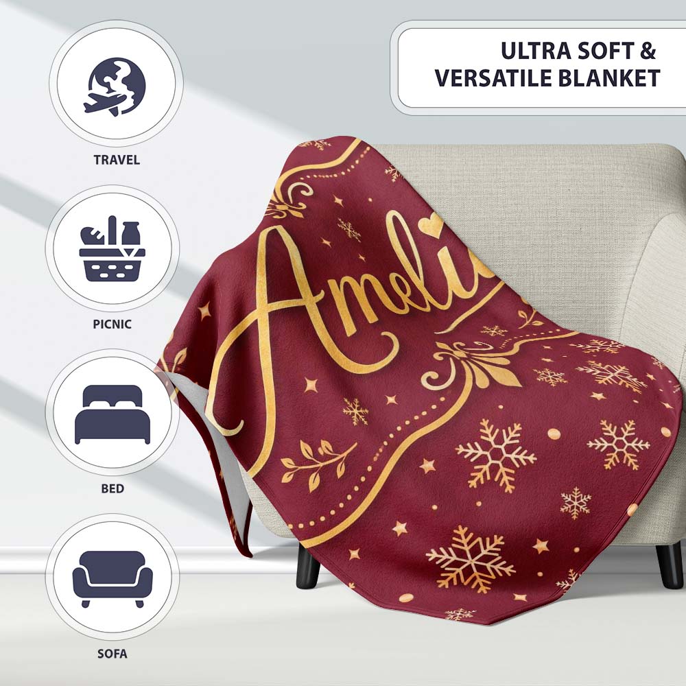 Red Gold Snowflake Star Seamless Pattern Design Classic Christmas  Personalised Custom Name Super Soft Fleece Blanket Bed Sofa Throw