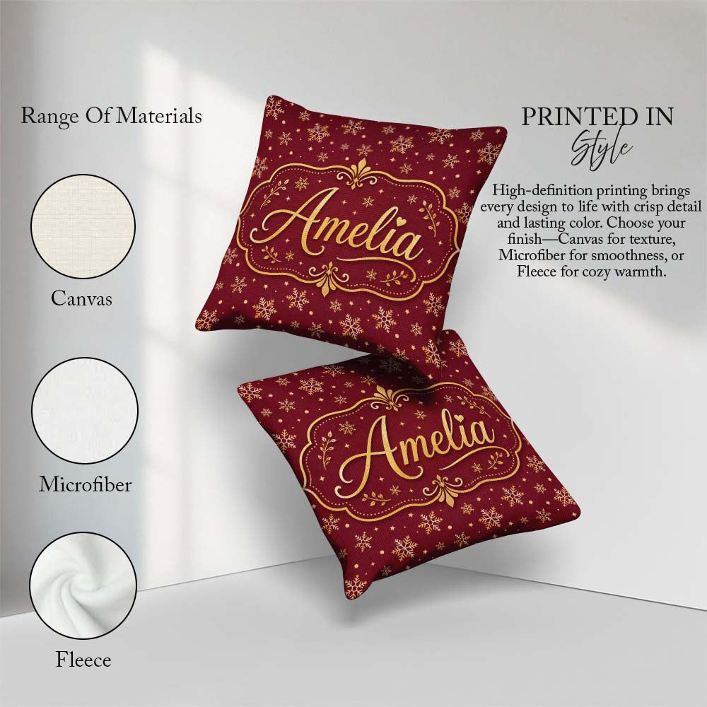 Custom Name Red Gold Snowflake Seamless Pattern Design Christmas Square Filled Cushion Throw Pillow Sofa Bed Home Decor Zip Washable UK Made