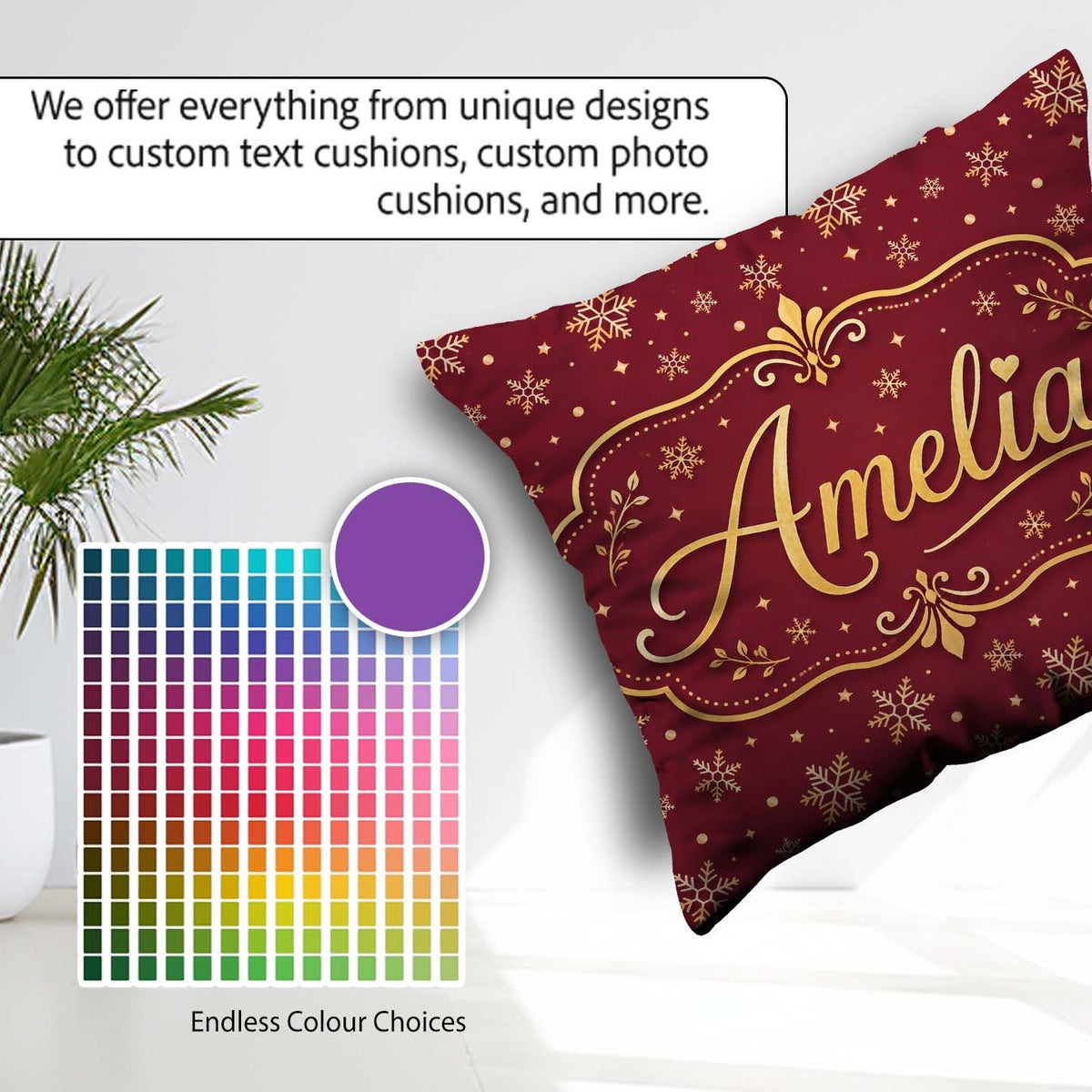 Custom Name Red Gold Snowflake Seamless Pattern Design Christmas Square Filled Cushion Throw Pillow Sofa Bed Home Decor Zip Washable UK Made