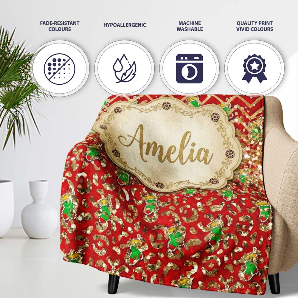Red Chevron Christmas Tree Glitter Seamless Pattern Design Holiday  Personalised Custom Name Super Soft Fleece Blanket Bed Sofa Throw