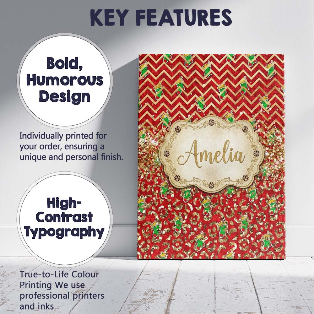 Personalised Name Red Chevron Christmas Custom  Modern Room Accent Elegant Feature Canvas Wall Art Print Decor Picture Ready to Hang