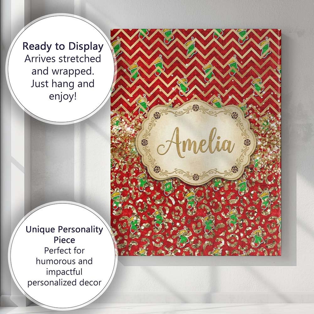 Personalised Name Red Chevron Christmas Custom  Modern Room Accent Elegant Feature Canvas Wall Art Print Decor Picture Ready to Hang