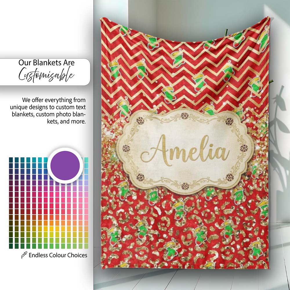 Red Chevron Christmas Tree Glitter Seamless Pattern Design Holiday  Personalised Custom Name Super Soft Fleece Blanket Bed Sofa Throw