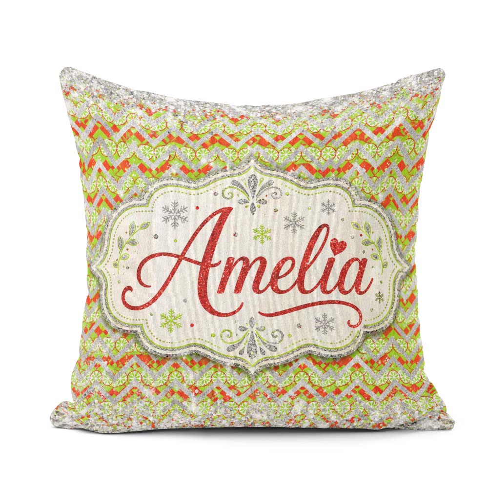 Custom Name Green Red Chevron Silver Glitter Snow Pattern Design Square Filled Cushion Throw Pillow Sofa Bed Home Decor Zip Washable UK Made