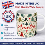 Personalized Custom Name Cute Scandinavian Christmas Tree Folk Art Seamless Pattern Lovely 11oz Ceramic Coffee Tea Mug White Large Handle