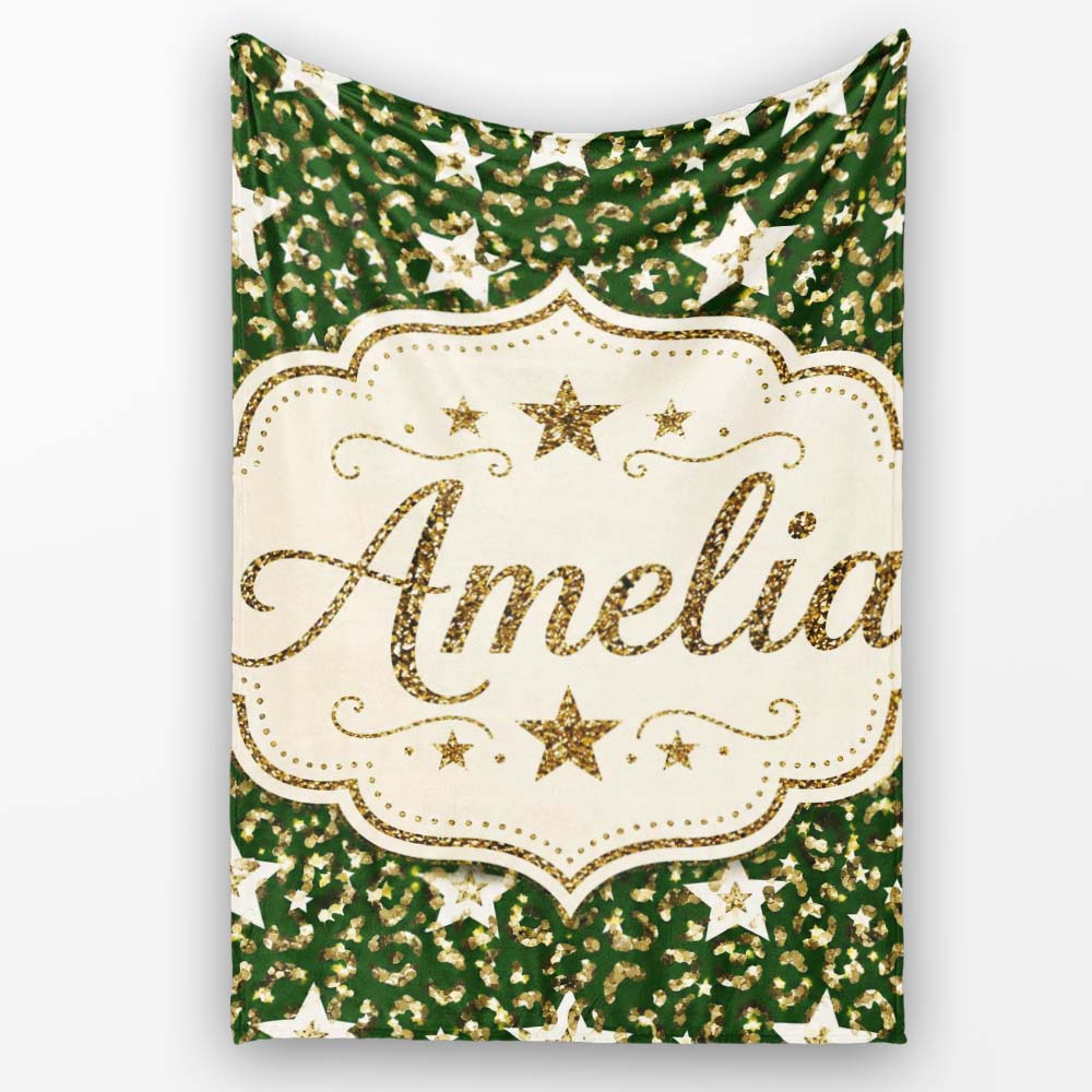 Green Gold Leopard Glitter Star Seamless Pattern Design Festive  Personalised Custom Name Super Soft Fleece Blanket Bed Sofa Throw