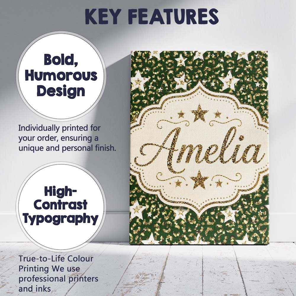 Personalised Name Green Gold Leopard Custom Premium Decorative Design Modern Room Accent Canvas Wall Art Print Decor Picture Ready to Hang