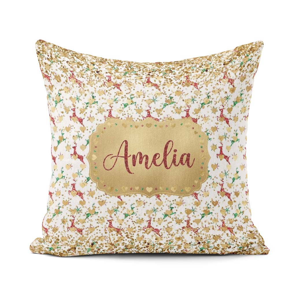 Custom Name Gold Reindeer Heart Confetti Seamless Pattern Design Square Filled Cushion Throw Pillow Sofa Bed Home Decor Zip Washable UK Made