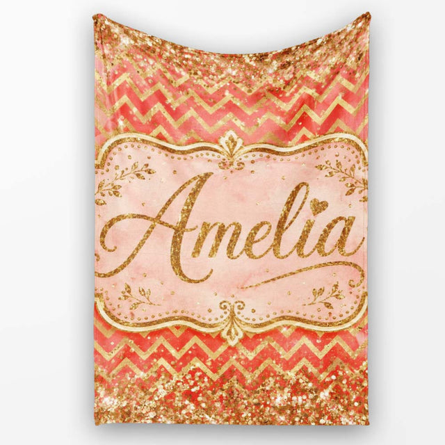 Red Gold Chevron Glitter Marble Seamless Pattern Design Bold Festive  Personalised Custom Name Super Soft Fleece Blanket Bed Sofa Throw