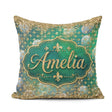 Custom Name Teal Gold Fleur De Lis Ornament Seamless Design Luxe Square Filled Cushion Throw Pillow Sofa Bed Home Decor Zip Washable UK Made