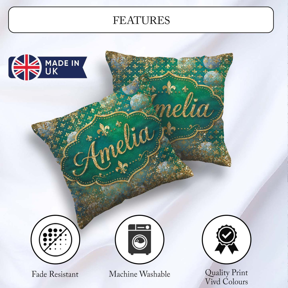Custom Name Teal Gold Fleur De Lis Ornament Seamless Design Luxe Square Filled Cushion Throw Pillow Sofa Bed Home Decor Zip Washable UK Made