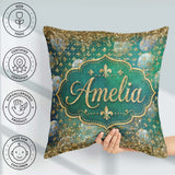 Custom Name Teal Gold Fleur De Lis Ornament Seamless Design Luxe Square Filled Cushion Throw Pillow Sofa Bed Home Decor Zip Washable UK Made