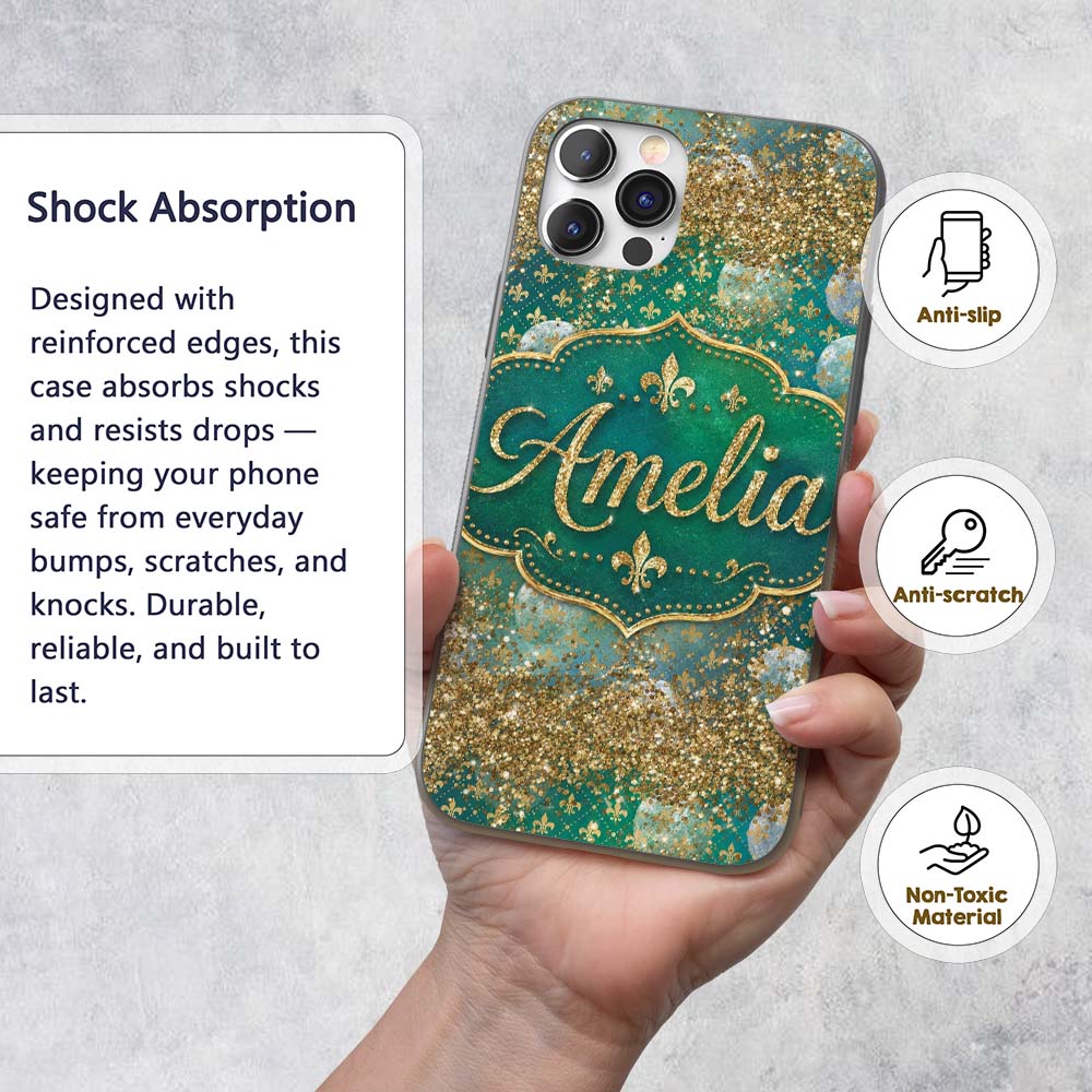 Teal Gold Fleur De Lis Ornament Seamless Pattern Custom Name Protective Phone Case Mobile Cover Durable Everyday Smartphone Shock Resistant