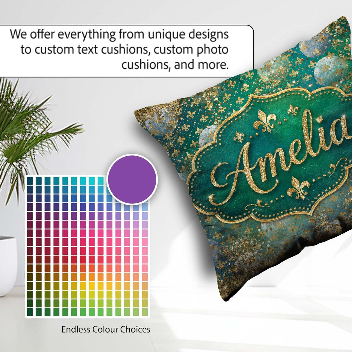 Custom Name Teal Gold Fleur De Lis Ornament Seamless Design Luxe Square Filled Cushion Throw Pillow Sofa Bed Home Decor Zip Washable UK Made