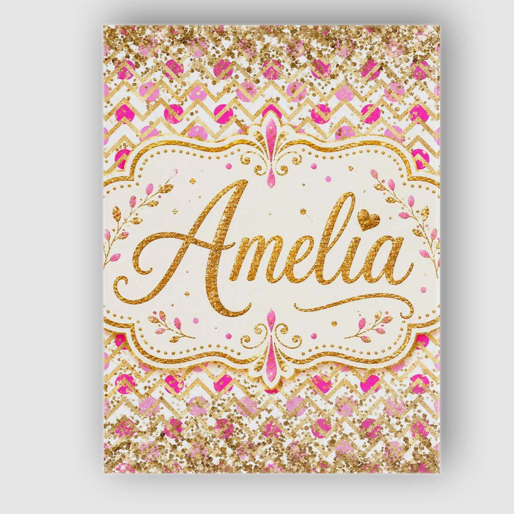 Personalised Name Pink Gold Chevron Glitter Custom  Bespoke Interior Contemporary Canvas Wall Art Print Decor Picture Ready to Hang