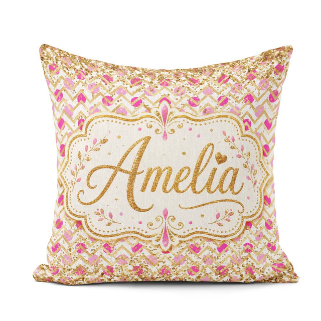 Custom Name Pink Gold Chevron Glitter Dot Seamless Design Modern Square Filled Cushion Throw Pillow Sofa Bed Home Decor Zip Washable UK Made